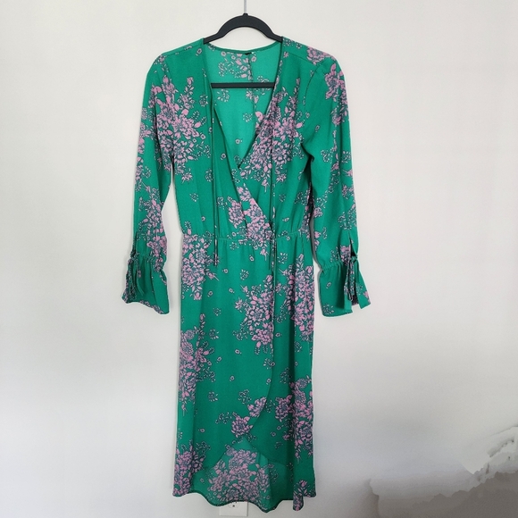 H&M Womens Small Dress Green Floral Midi Wrap Bell Long Sleeve - Picture 1 of 5